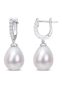 8.5-9mm Freshwater Cultured Pearl and 1/5 CT TGW Cubic Zirconia Drop Cuff Earrings in Sterling Silver
