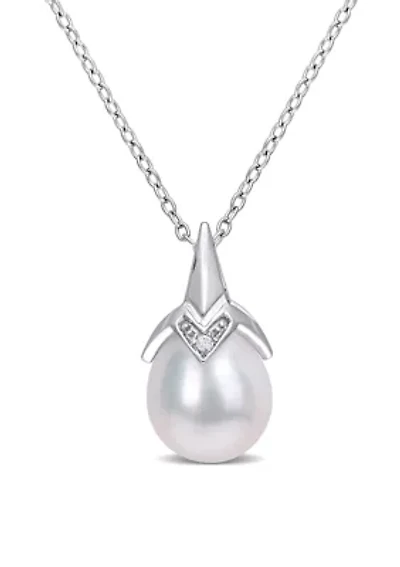 8.5-9mm Freshwater Cultured Pearl and Diamond Accent Drop Pendant with Chain in Sterling Silver