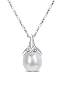 8.5-9mm Freshwater Cultured Pearl and Diamond Accent Drop Pendant with Chain in Sterling Silver