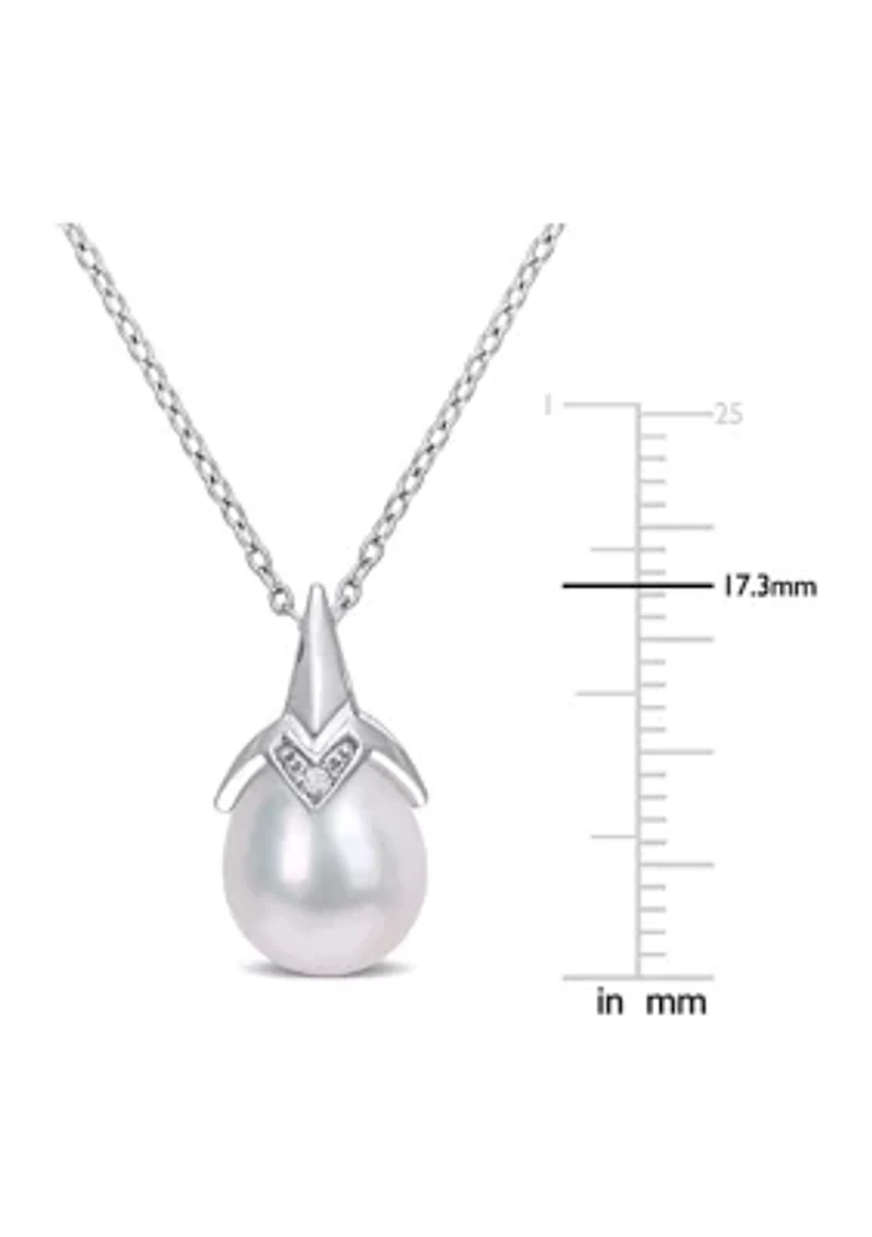 8.5-9mm Freshwater Cultured Pearl and Diamond Accent Drop Pendant with Chain in Sterling Silver