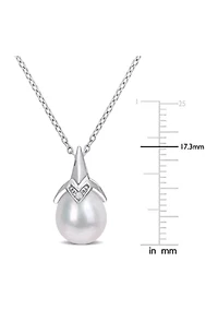 8.5-9mm Freshwater Cultured Pearl and Diamond Accent Drop Pendant with Chain in Sterling Silver