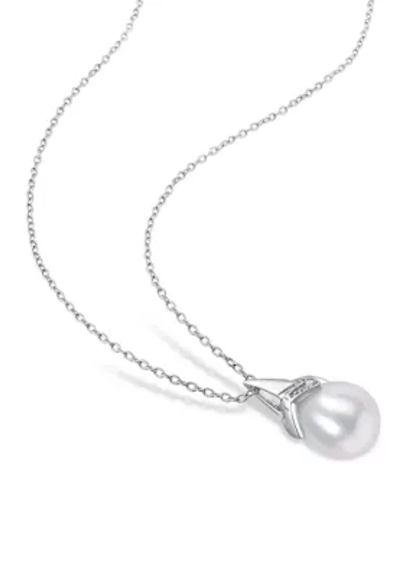 8.5-9mm Freshwater Cultured Pearl and Diamond Accent Drop Pendant with Chain in Sterling Silver