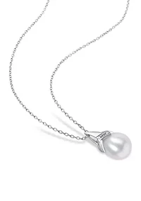 8.5-9mm Freshwater Cultured Pearl and Diamond Accent Drop Pendant with Chain in Sterling Silver