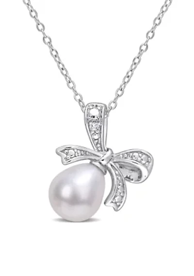 8.5-9mm Freshwater Cultured Pearl and Diamond Accent Bow Pendant with Chain in Sterling Silver