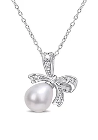 8.5-9mm Freshwater Cultured Pearl and Diamond Accent Bow Pendant with Chain in Sterling Silver