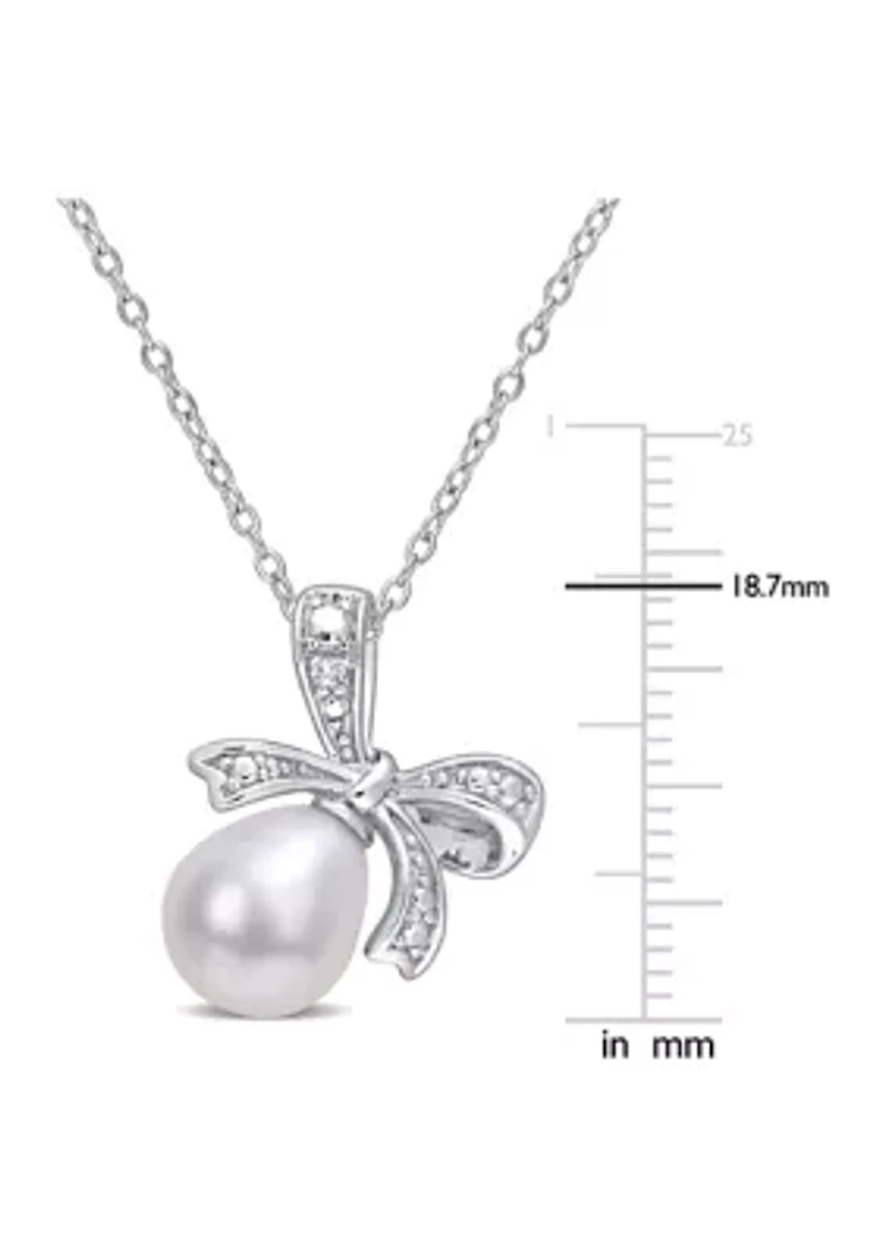 8.5-9mm Freshwater Cultured Pearl and Diamond Accent Bow Pendant with Chain in Sterling Silver