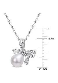 8.5-9mm Freshwater Cultured Pearl and Diamond Accent Bow Pendant with Chain in Sterling Silver