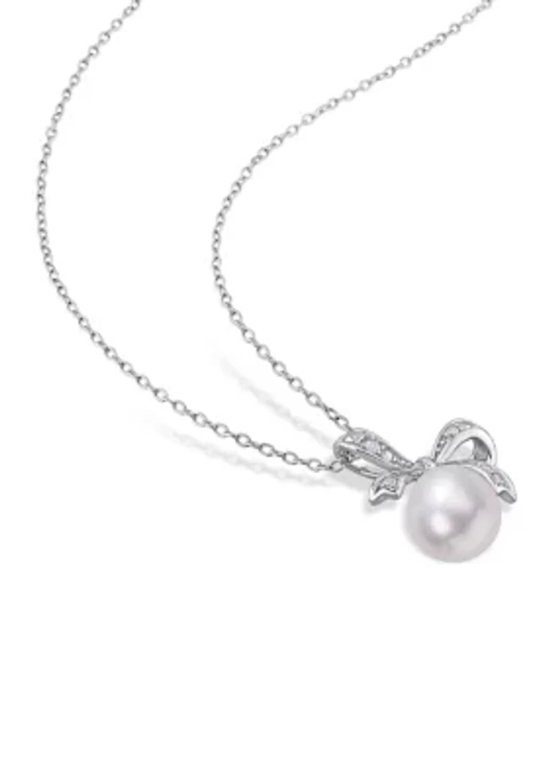 8.5-9mm Freshwater Cultured Pearl and Diamond Accent Bow Pendant with Chain in Sterling Silver