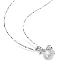 8.5-9mm Freshwater Cultured Pearl and Diamond Accent Bow Pendant with Chain in Sterling Silver