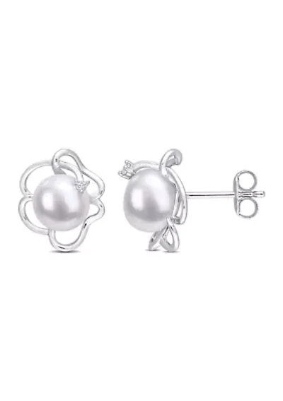 Lab Created 7.5-8mm Freshwater Cultured Pearl and Created White Sapphire Floral Stud Earrings in Sterling Silver