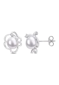 Lab Created 7.5-8mm Freshwater Cultured Pearl and Created White Sapphire Floral Stud Earrings in Sterling Silver