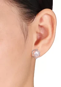 Lab Created 7.5-8mm Freshwater Cultured Pearl and Created White Sapphire Floral Stud Earrings in Sterling Silver