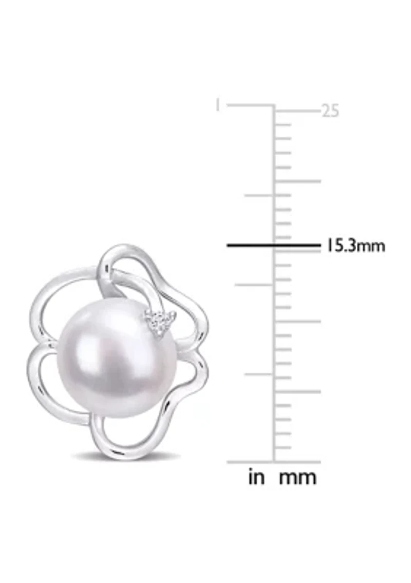 Lab Created 7.5-8mm Freshwater Cultured Pearl and Created White Sapphire Floral Stud Earrings in Sterling Silver