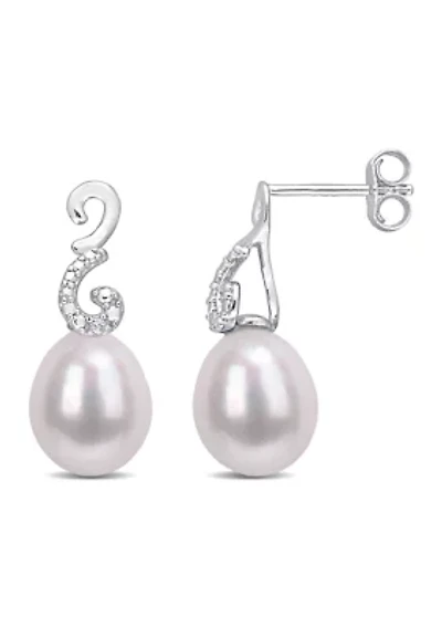8-8.5mm Freshwater Cultured Pearl and Diamond Accent Peacock Drop Earrings in Sterling Silver