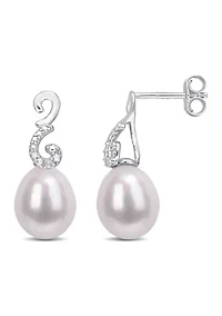 8-8.5mm Freshwater Cultured Pearl and Diamond Accent Peacock Drop Earrings in Sterling Silver