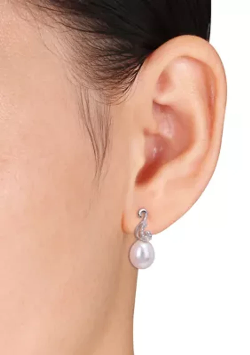 8-8.5mm Freshwater Cultured Pearl and Diamond Accent Peacock Drop Earrings in Sterling Silver