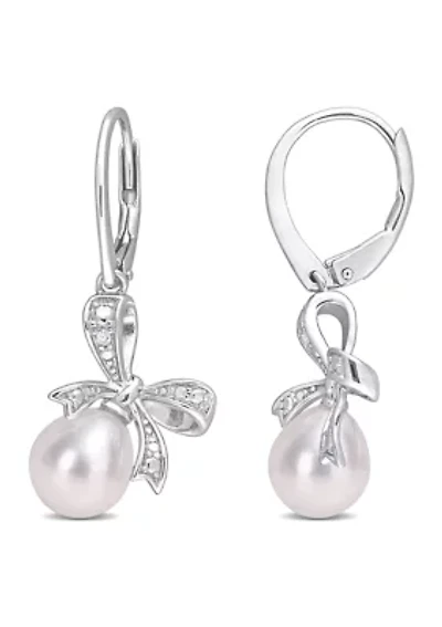 7.5-8mm Freshwater Cultured Pearl and Diamond Accent Bow Leverback Earrings in Sterling Silver