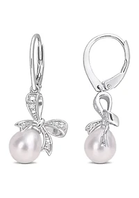 7.5-8mm Freshwater Cultured Pearl and Diamond Accent Bow Leverback Earrings in Sterling Silver