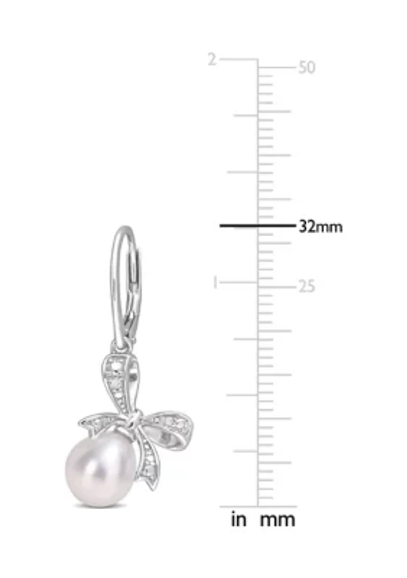 7.5-8mm Freshwater Cultured Pearl and Diamond Accent Bow Leverback Earrings in Sterling Silver