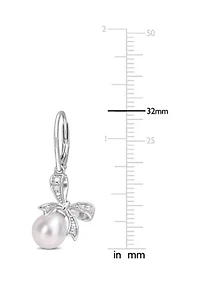 7.5-8mm Freshwater Cultured Pearl and Diamond Accent Bow Leverback Earrings in Sterling Silver