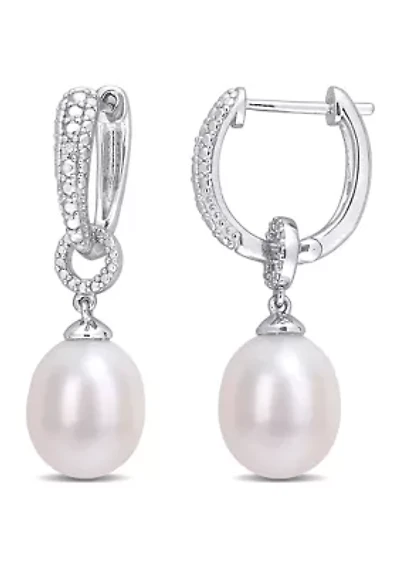 8-8.5mm Freshwater Cultured Pearl and Diamond Accent Drop Hoop Earrings in Sterling Silver