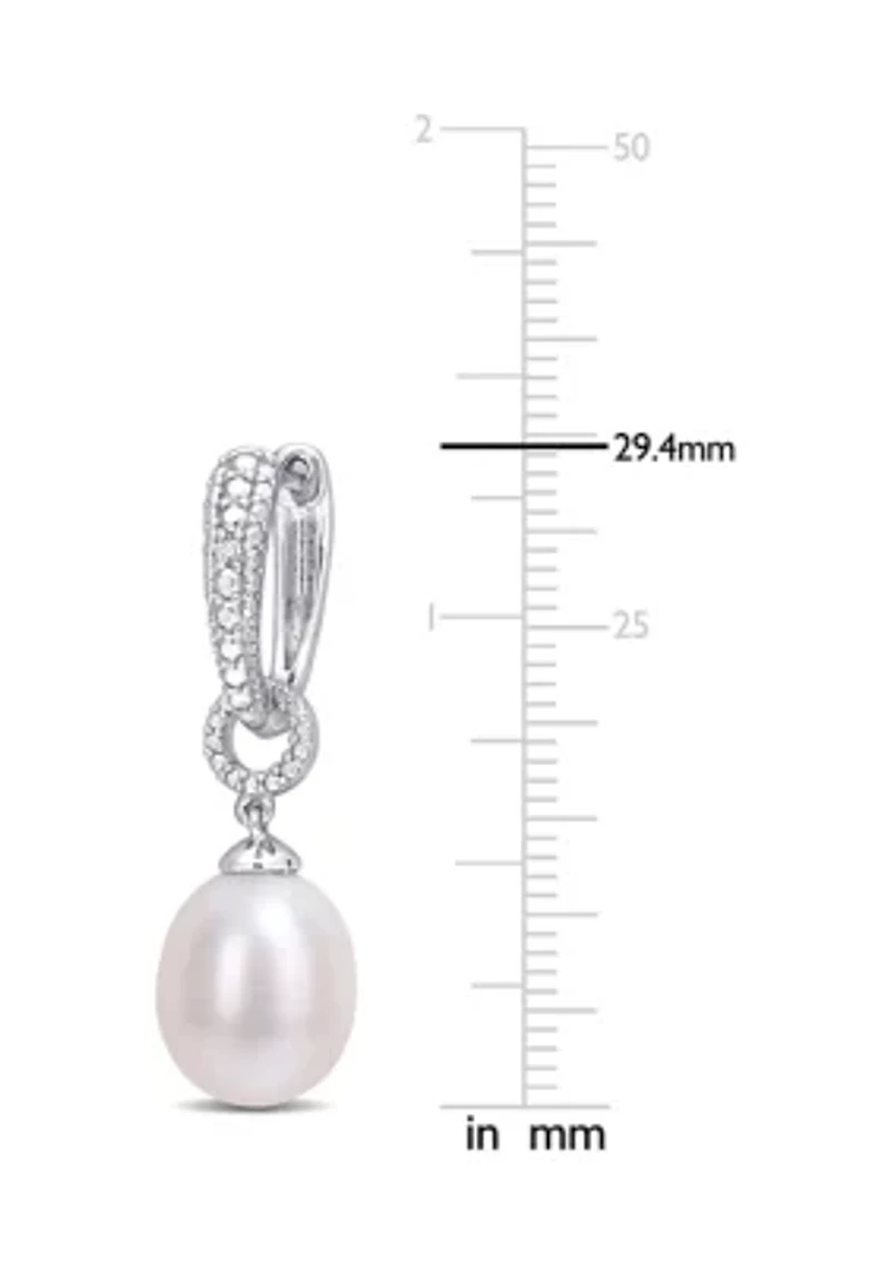 8-8.5mm Freshwater Cultured Pearl and Diamond Accent Drop Hoop Earrings in Sterling Silver