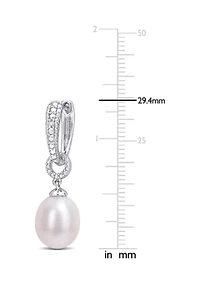 8-8.5mm Freshwater Cultured Pearl and Diamond Accent Drop Hoop Earrings in Sterling Silver