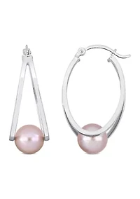 8-8.5mm Freshwater Cultured Pink Pearl Hoop Earrings in Sterling Silver