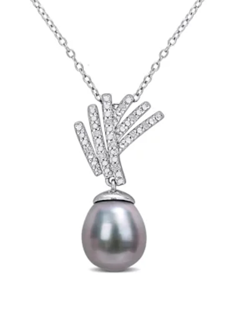 9.5-10mm Black Tahitian Cultured Pearl and Diamond Accent Drop Pendant with Chain in Sterling Silver
