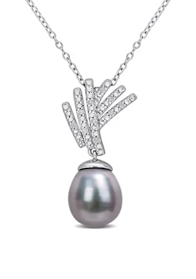9.5-10mm Black Tahitian Cultured Pearl and Diamond Accent Drop Pendant with Chain in Sterling Silver