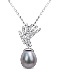 9.5-10mm Black Tahitian Cultured Pearl and Diamond Accent Drop Pendant with Chain in Sterling Silver