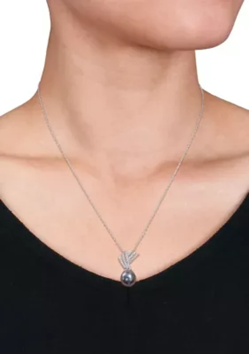 9.5-10mm Black Tahitian Cultured Pearl and Diamond Accent Drop Pendant with Chain in Sterling Silver