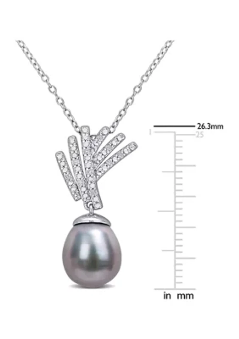 9.5-10mm Black Tahitian Cultured Pearl and Diamond Accent Drop Pendant with Chain in Sterling Silver