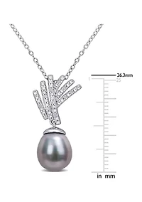 9.5-10mm Black Tahitian Cultured Pearl and Diamond Accent Drop Pendant with Chain in Sterling Silver