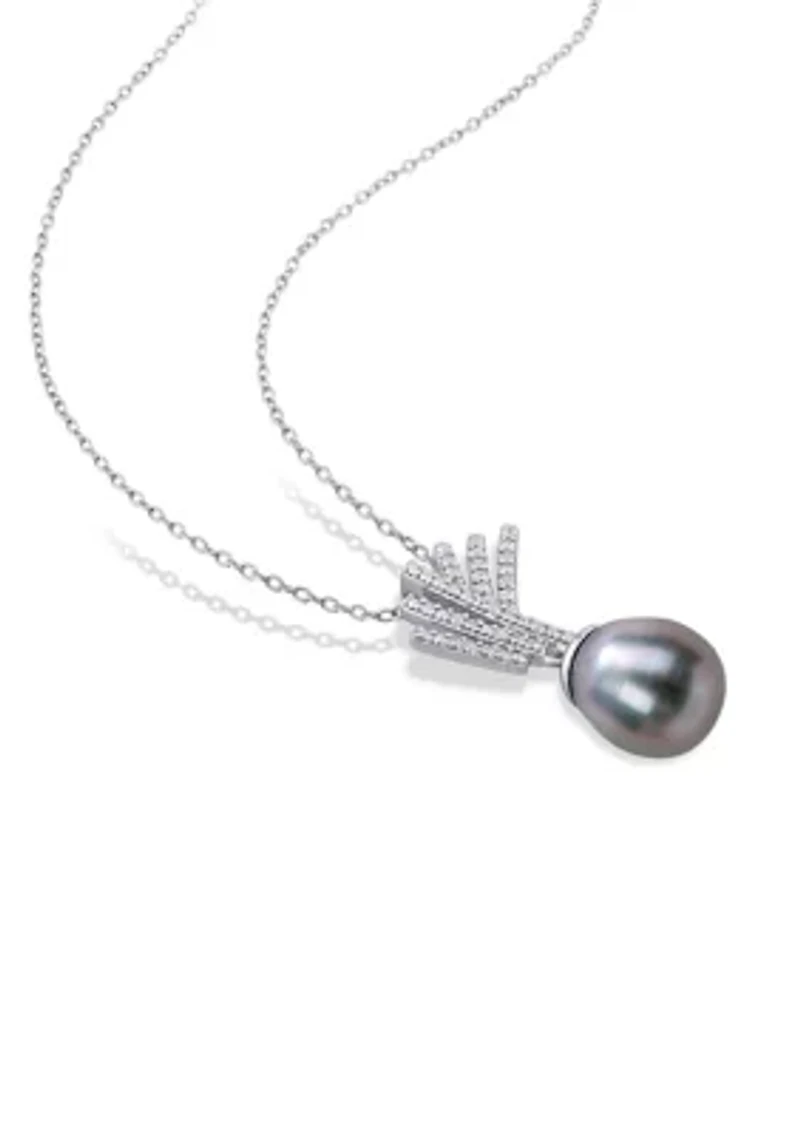 9.5-10mm Black Tahitian Cultured Pearl and Diamond Accent Drop Pendant with Chain in Sterling Silver