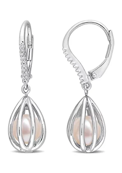 7-7.5mm Freshwater Cultured Pearl and Diamond Accent Pearl Leverback Earrings in Sterling Silver
