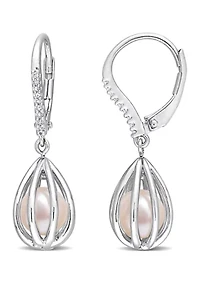 7-7.5mm Freshwater Cultured Pearl and Diamond Accent Pearl Leverback Earrings in Sterling Silver