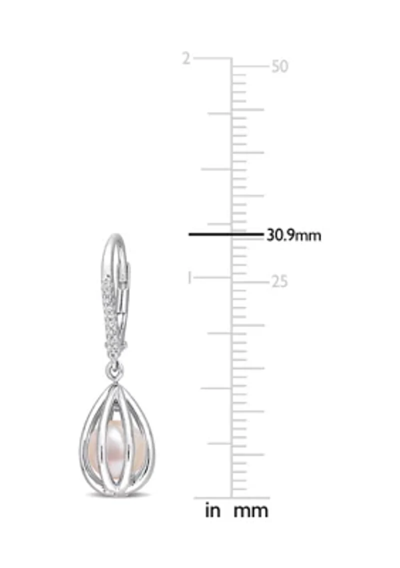 7-7.5mm Freshwater Cultured Pearl and Diamond Accent Pearl Leverback Earrings in Sterling Silver