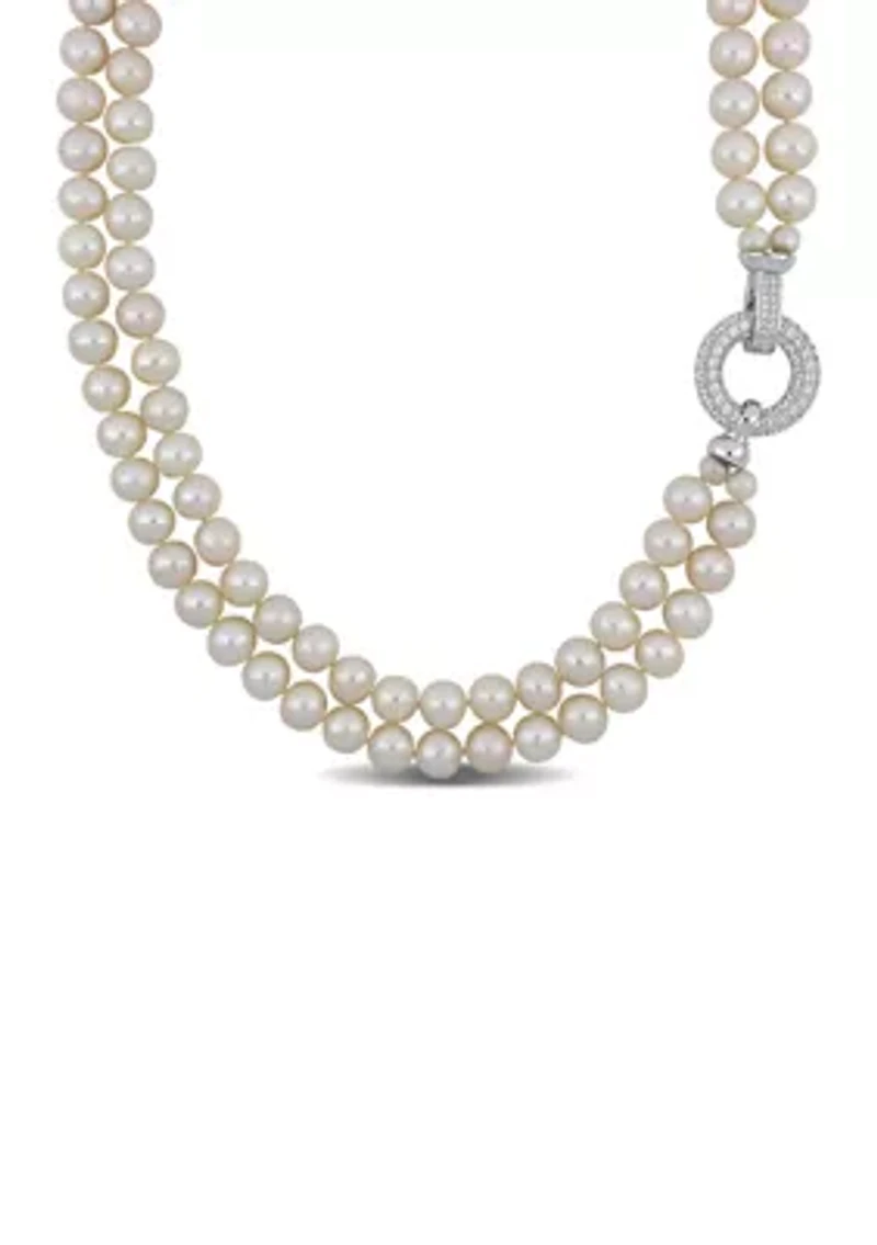 7-8MM Freshwater Cultured Pearl 2-Strand Necklace with Cubic Zirconia Clasp in Sterling Silver, 17"