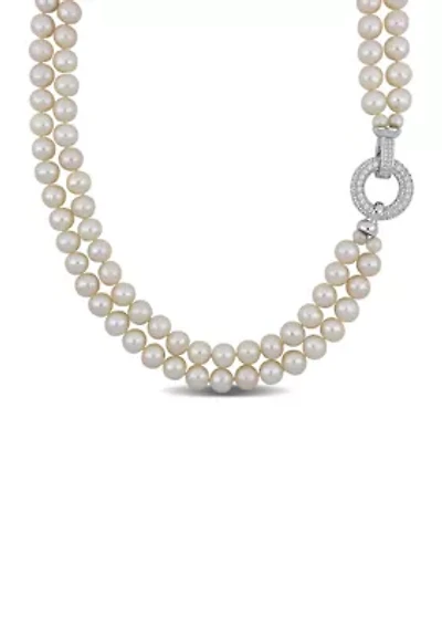 7-8MM Freshwater Cultured Pearl 2-Strand Necklace with Cubic Zirconia Clasp in Sterling Silver, 17"