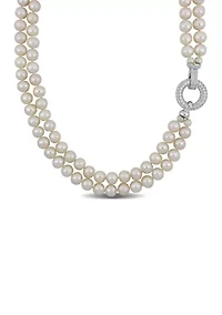 7-8MM Freshwater Cultured Pearl 2-Strand Necklace with Cubic Zirconia Clasp in Sterling Silver, 17"