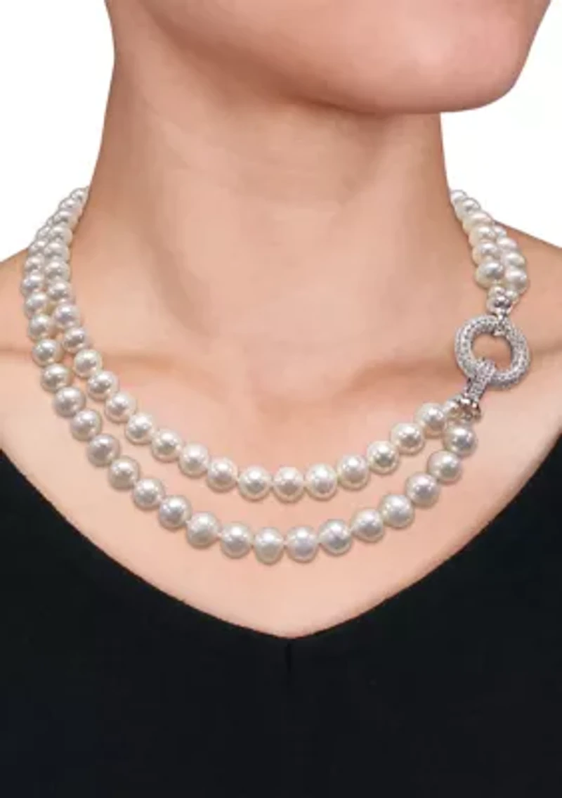 7-8MM Freshwater Cultured Pearl 2-Strand Necklace with Cubic Zirconia Clasp in Sterling Silver, 17"