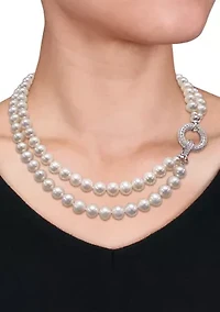 7-8MM Freshwater Cultured Pearl 2-Strand Necklace with Cubic Zirconia Clasp in Sterling Silver, 17"