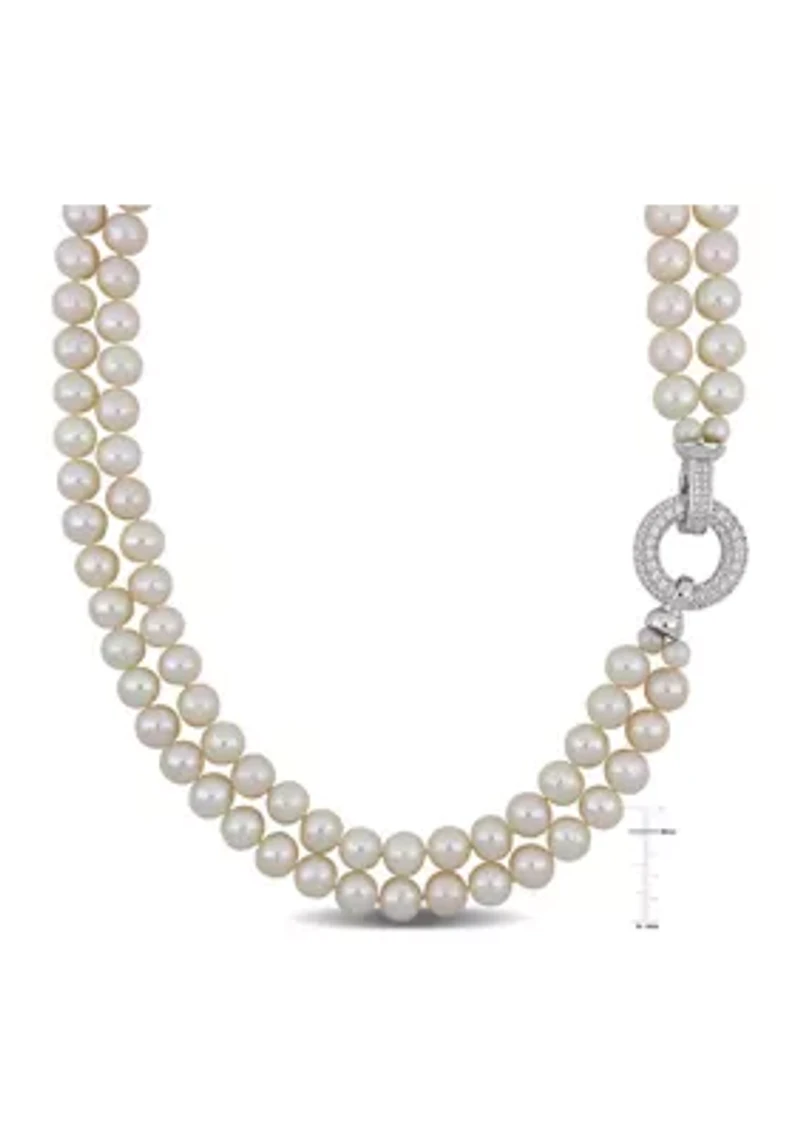 7-8MM Freshwater Cultured Pearl 2-Strand Necklace with Cubic Zirconia Clasp in Sterling Silver, 17"