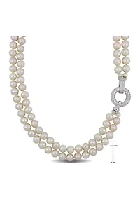 7-8MM Freshwater Cultured Pearl 2-Strand Necklace with Cubic Zirconia Clasp in Sterling Silver, 17"