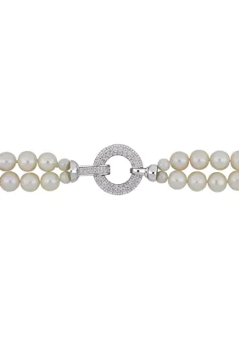 7-8MM Freshwater Cultured Pearl 2-Strand Necklace with Cubic Zirconia Clasp in Sterling Silver, 17"