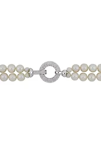 7-8MM Freshwater Cultured Pearl 2-Strand Necklace with Cubic Zirconia Clasp in Sterling Silver, 17"
