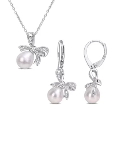 7.5-8 and 8.5-9MM Cultured Freshwater Pearl and Diamond Accent Bow Leverback Earrings and Pendant with Chain in Sterling Silver