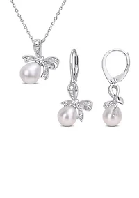 7.5-8 and 8.5-9MM Cultured Freshwater Pearl and Diamond Accent Bow Leverback Earrings and Pendant with Chain in Sterling Silver