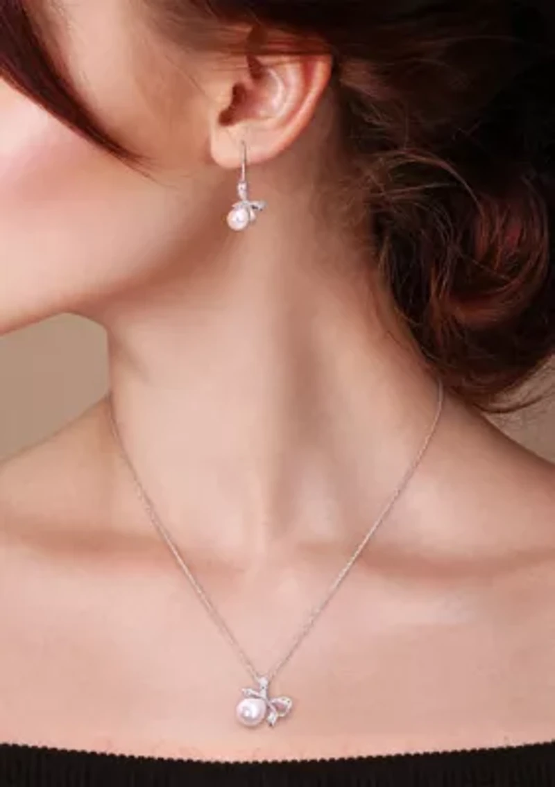 7.5-8 and 8.5-9MM Cultured Freshwater Pearl and Diamond Accent Bow Leverback Earrings and Pendant with Chain in Sterling Silver